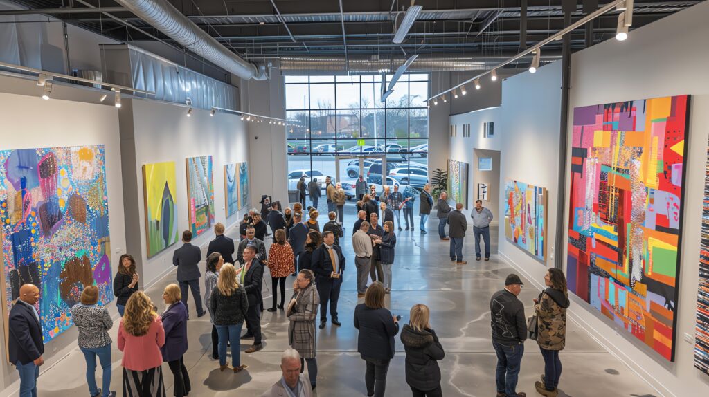 An art gallery full of people looking at colorful paintings on the walls.