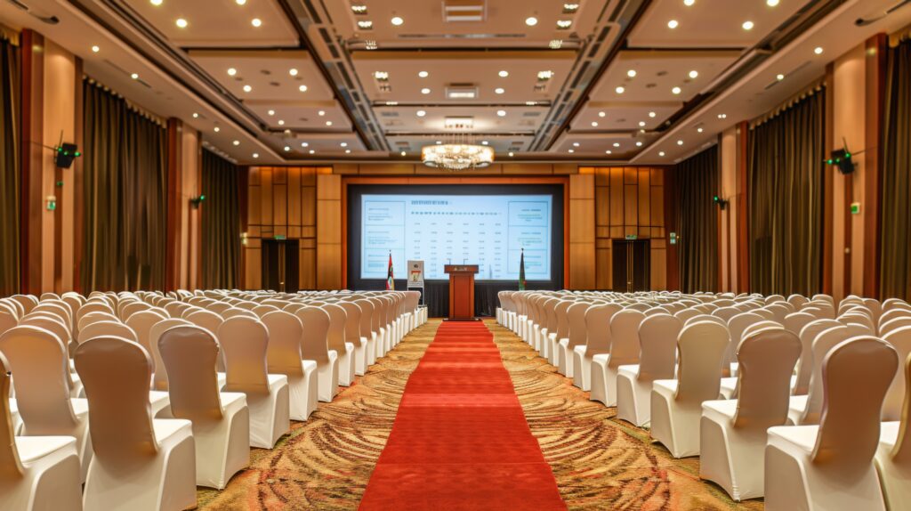 An empty conference room with rows of white chairs facing a stage with a large screen. A red carpet runs down the center of the room.