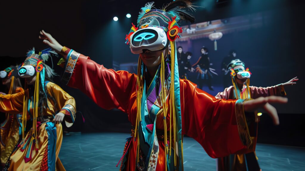 A group of people wearing colorful traditional costumes and VR headsets, performing a dance routine.