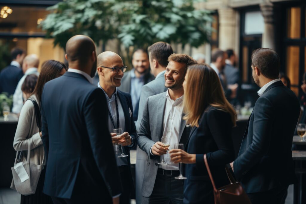 Several individuals standing in a close-knit group, engaging in conversation and socializing with each other, People networking at a hip business event, AI Generated