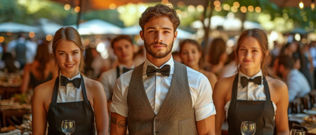 Many waiters and waitresses are arranged in a row.