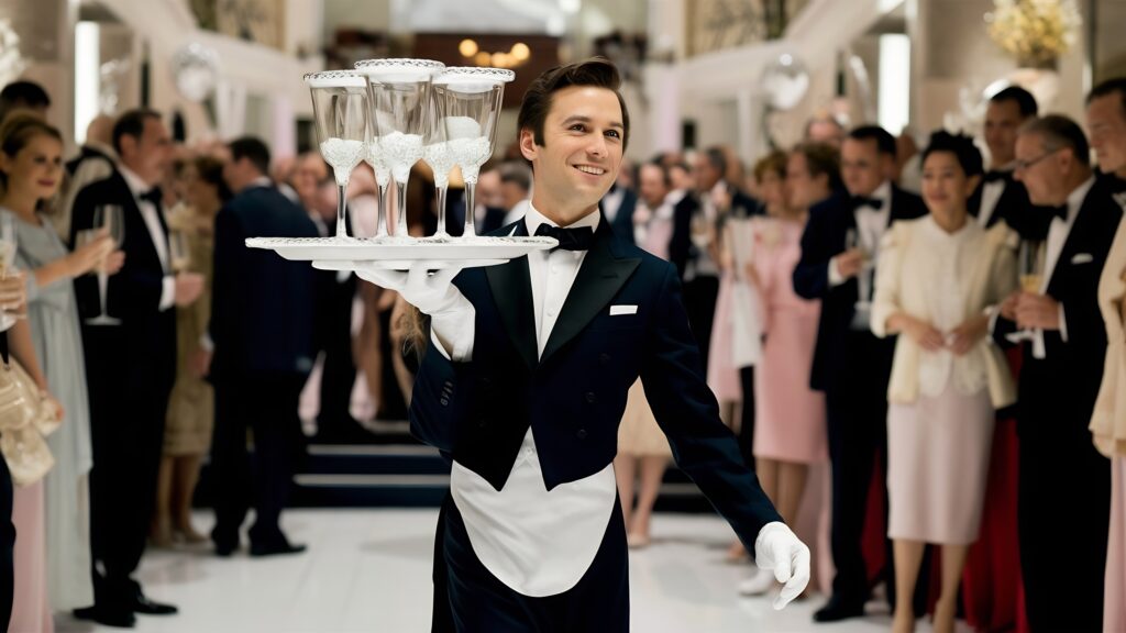 waiter-with-tray-champagne-glasses-official-opening