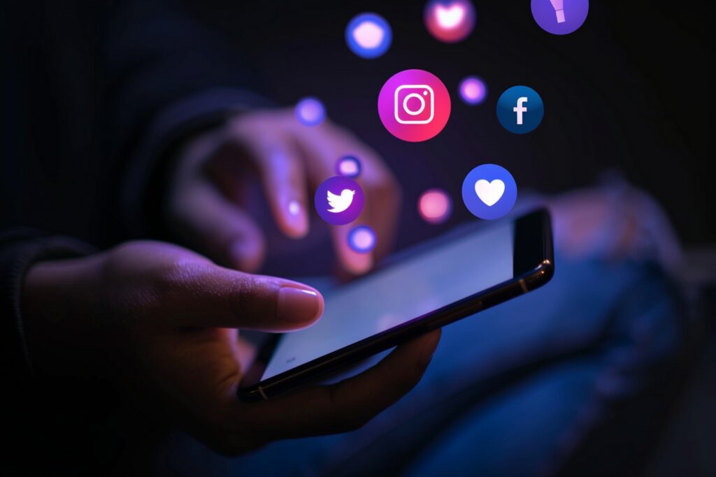 Young man using smartphone, social networking, heart icon